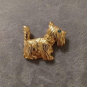 Vintage AAI dog pin brooch Scottish terrier‎ style goldtone green eye